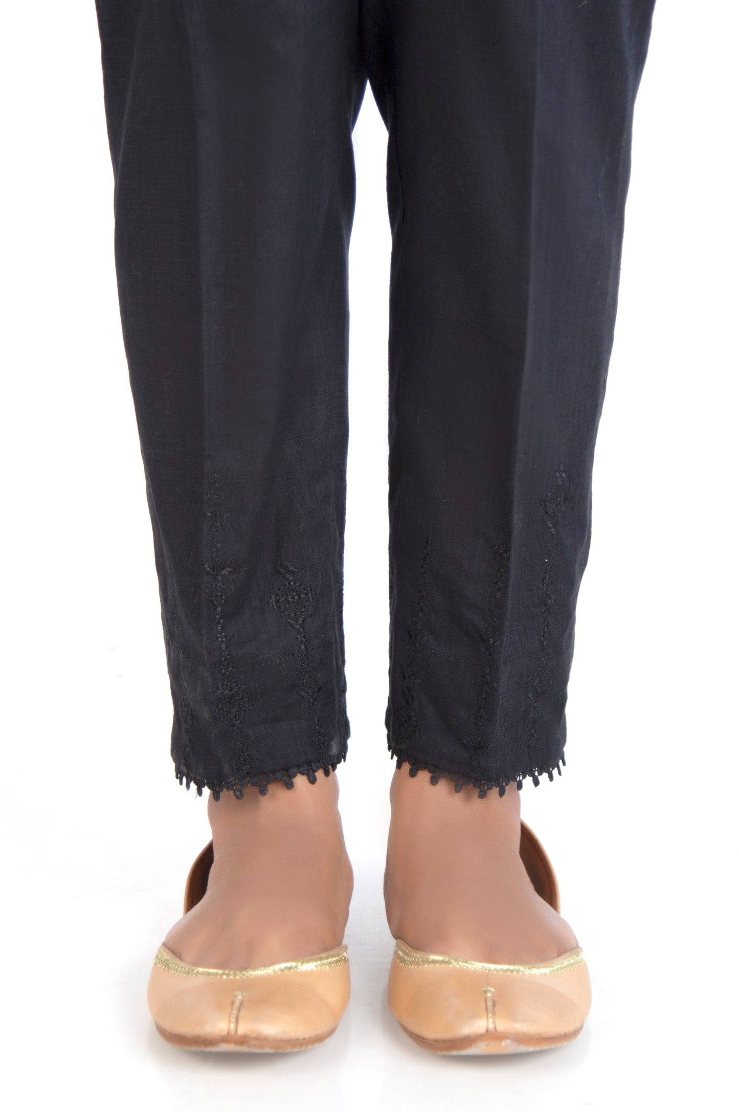 Embroidered Cotton Slub Cigarette Pants - Black