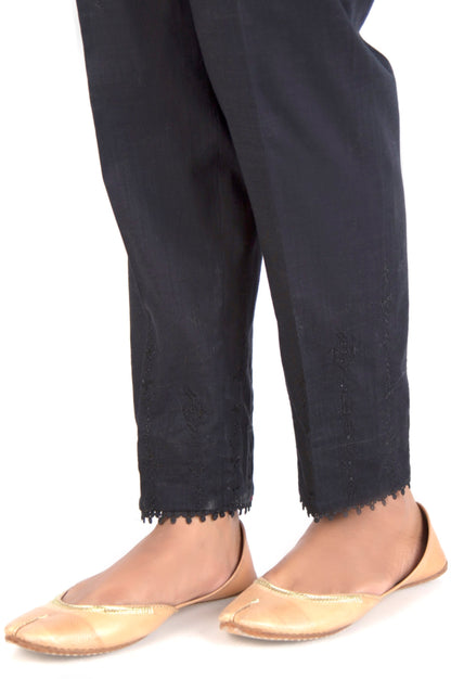 Embroidered Cotton Slub Cigarette Pants - Black
