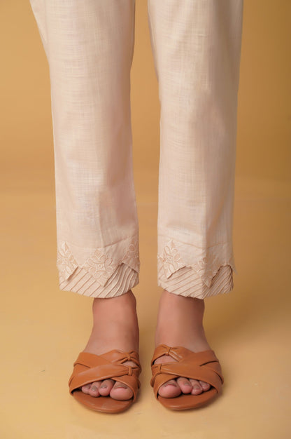 Embroidered Cotton Slub Cigarette Pants - Beige.