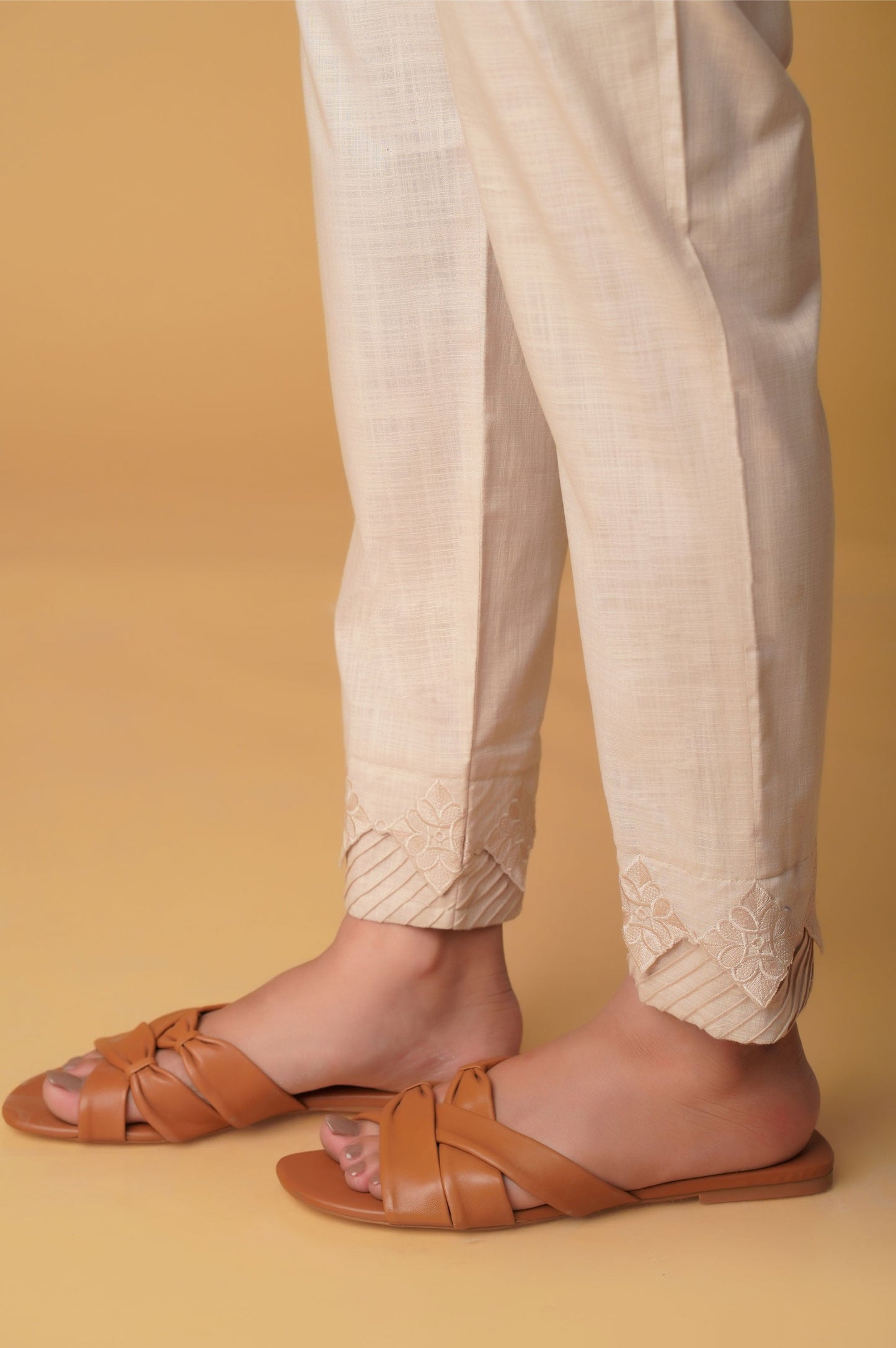 Embroidered Cotton Slub Cigarette Pants - Beige.