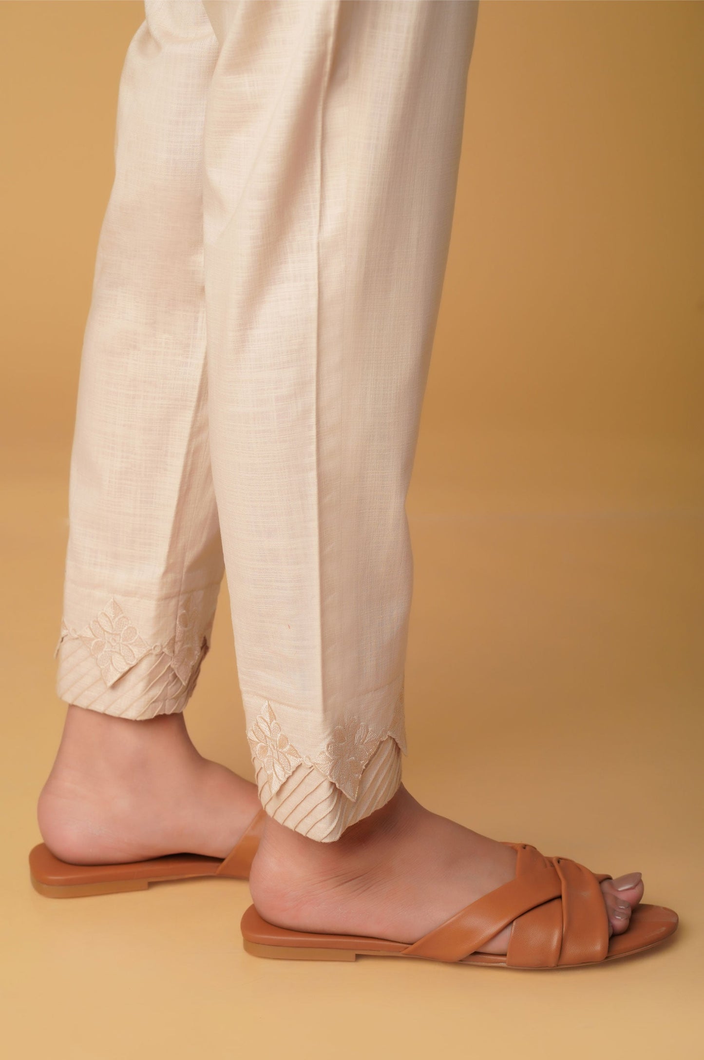 Embroidered Cotton Slub Cigarette Pants - Beige.