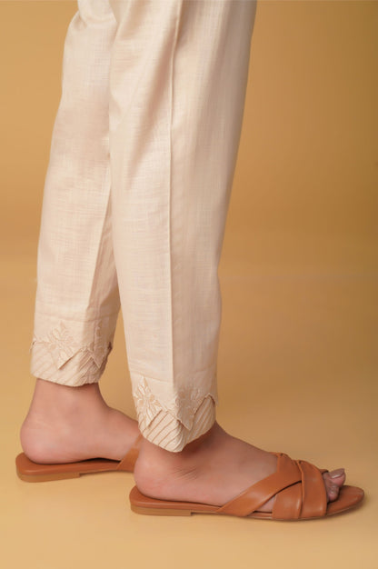 Embroidered Cotton Slub Cigarette Pants - Beige.