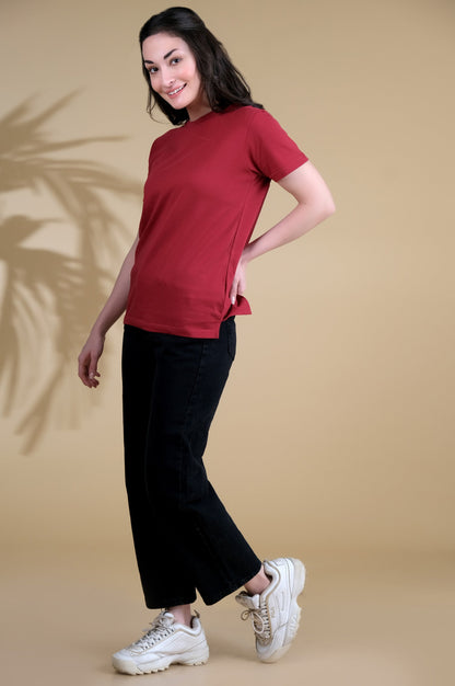 Round Neck Plain T-Shirt - Maroon