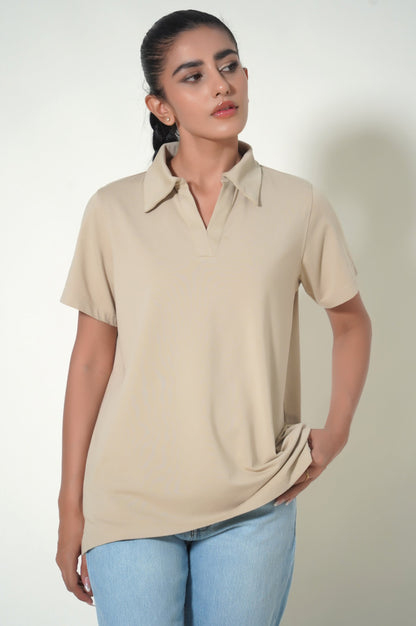 Beige Collar Neck T-Shirt