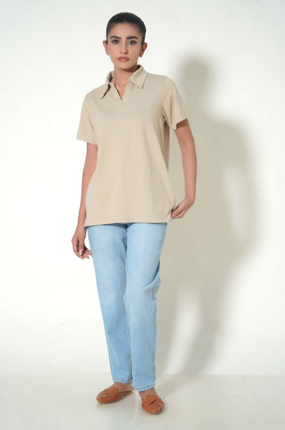 Beige Collar Neck T-Shirt
