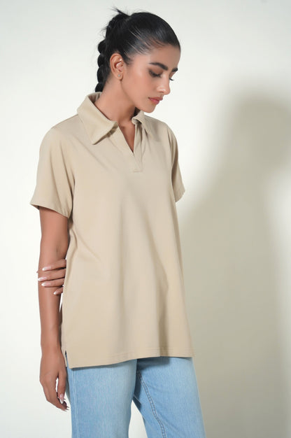 Beige Collar Neck T-Shirt