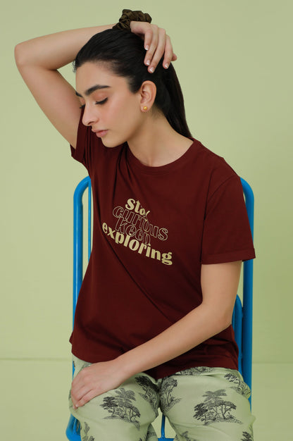 Crew Neck Half Sleeves Tee - Burgundy