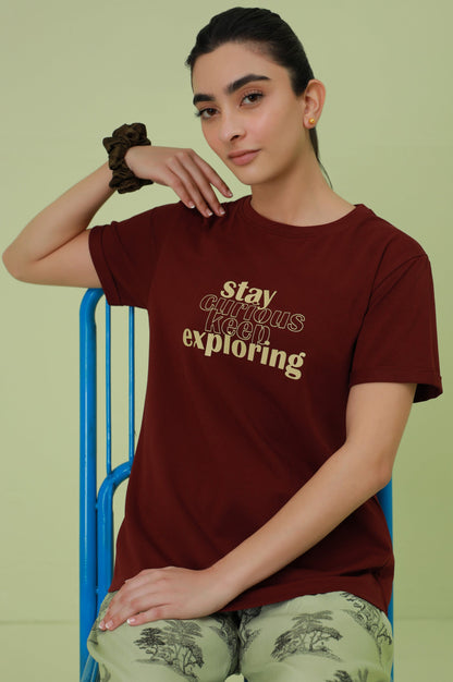 Crew Neck Half Sleeves Tee - Burgundy