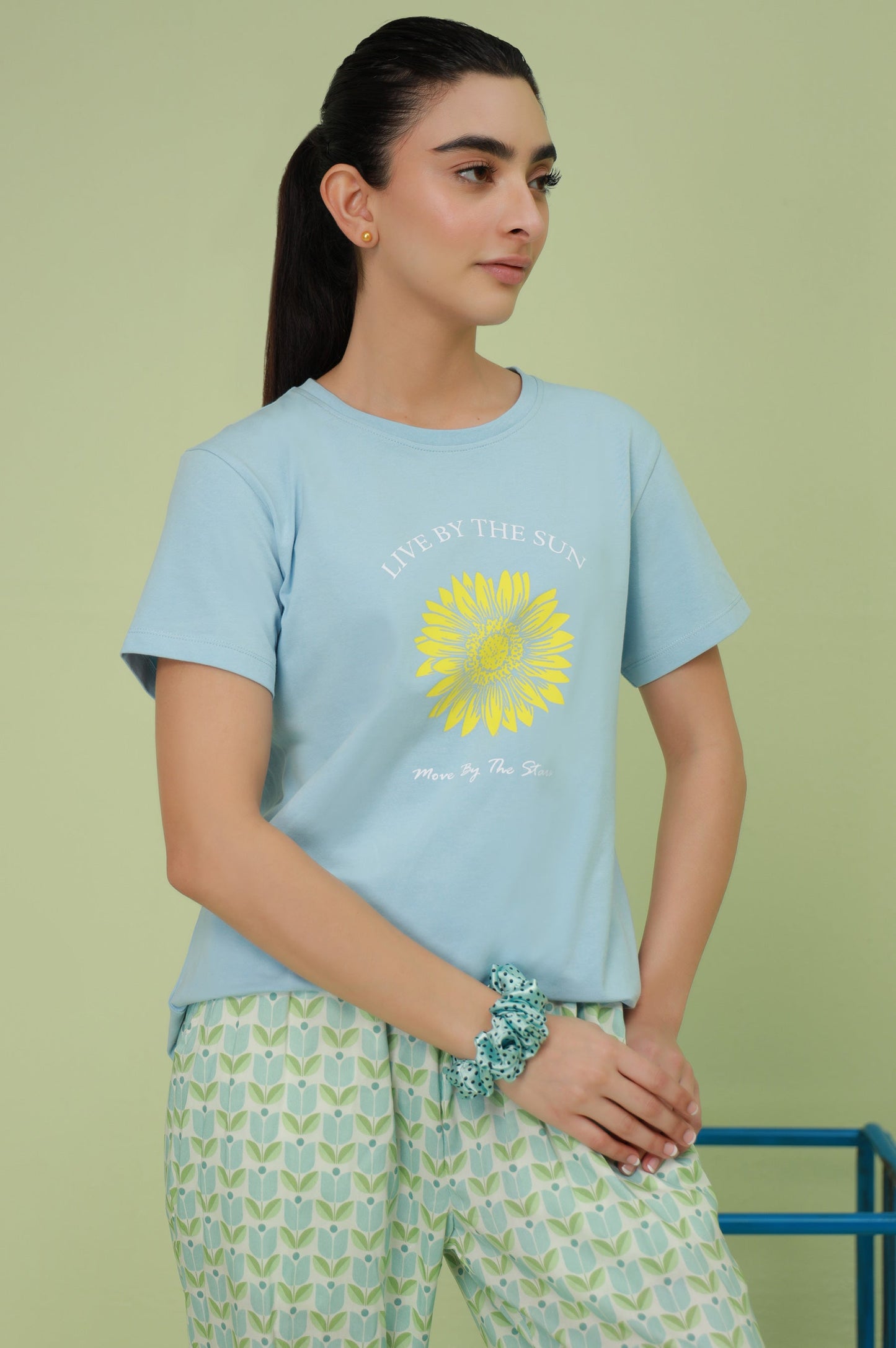 Crew Neck Half Sleeves Tee - Light Blue