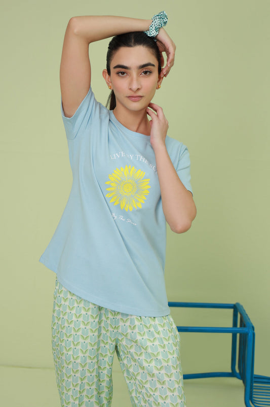 Crew Neck Half Sleeves Tee - Light Blue
