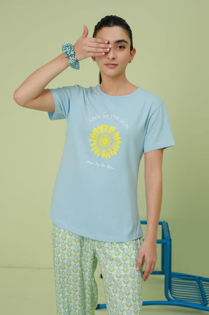 Crew Neck Half Sleeves Tee - Light Blue