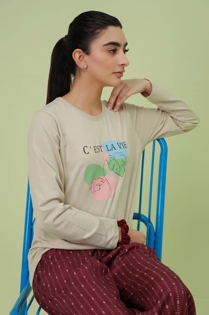 Crew Neck Full Sleeves Tee - Beige