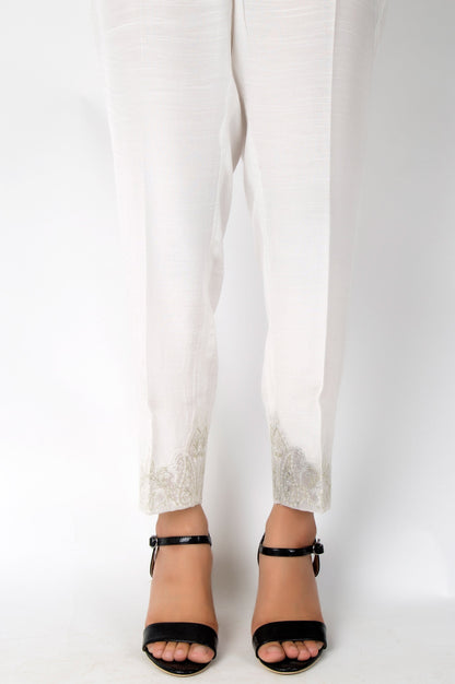 Embroidered Raw Silk Pants - White