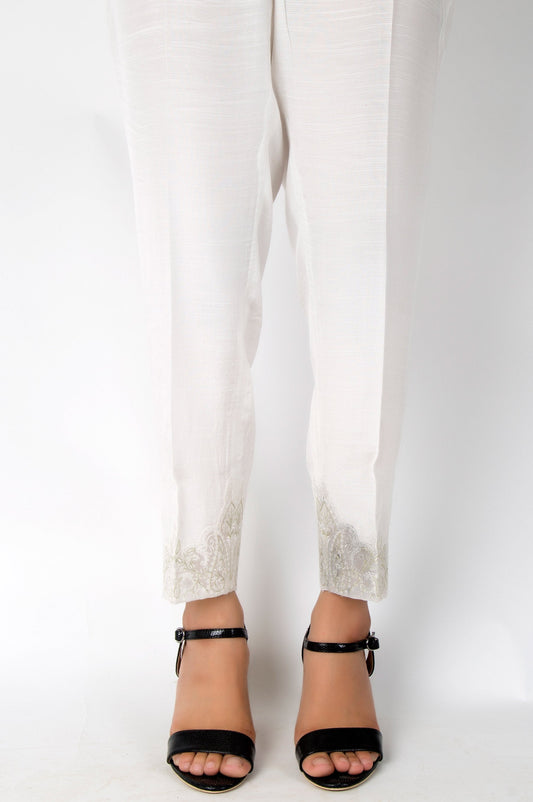 Embroidered Raw Silk Pants - White