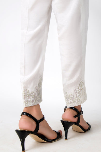 Embroidered Raw Silk Pants - White