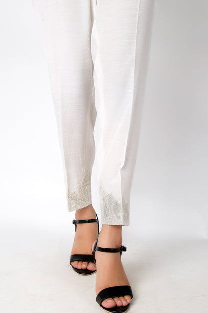 Embroidered Raw Silk Pants - White