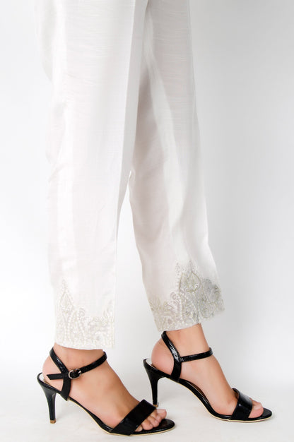 Embroidered Raw Silk Pants - White