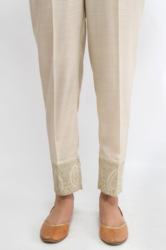 Embroidered Raw Silk Pants - Light Beige