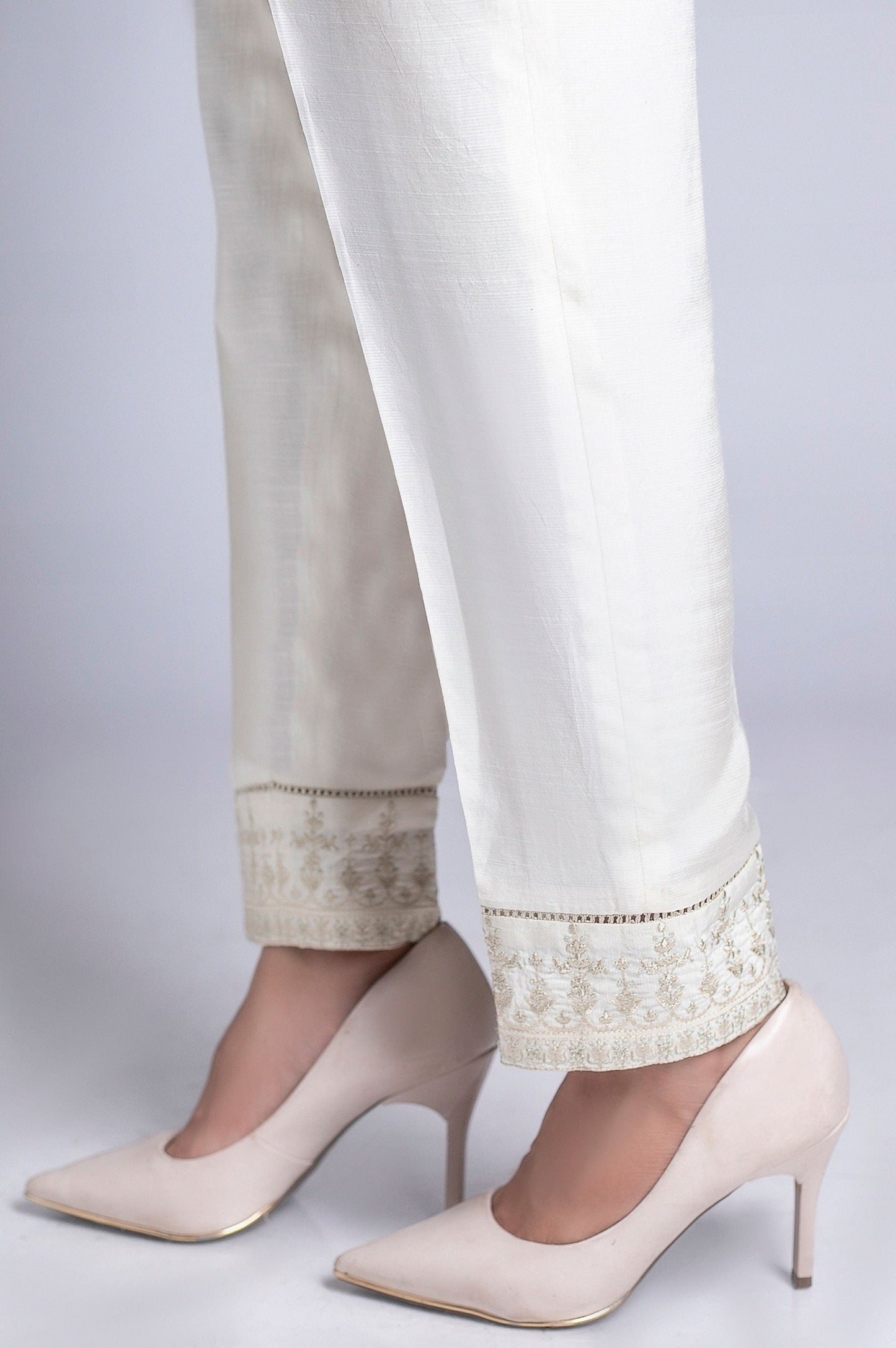 Embroidered Cigarette Pants - Beige