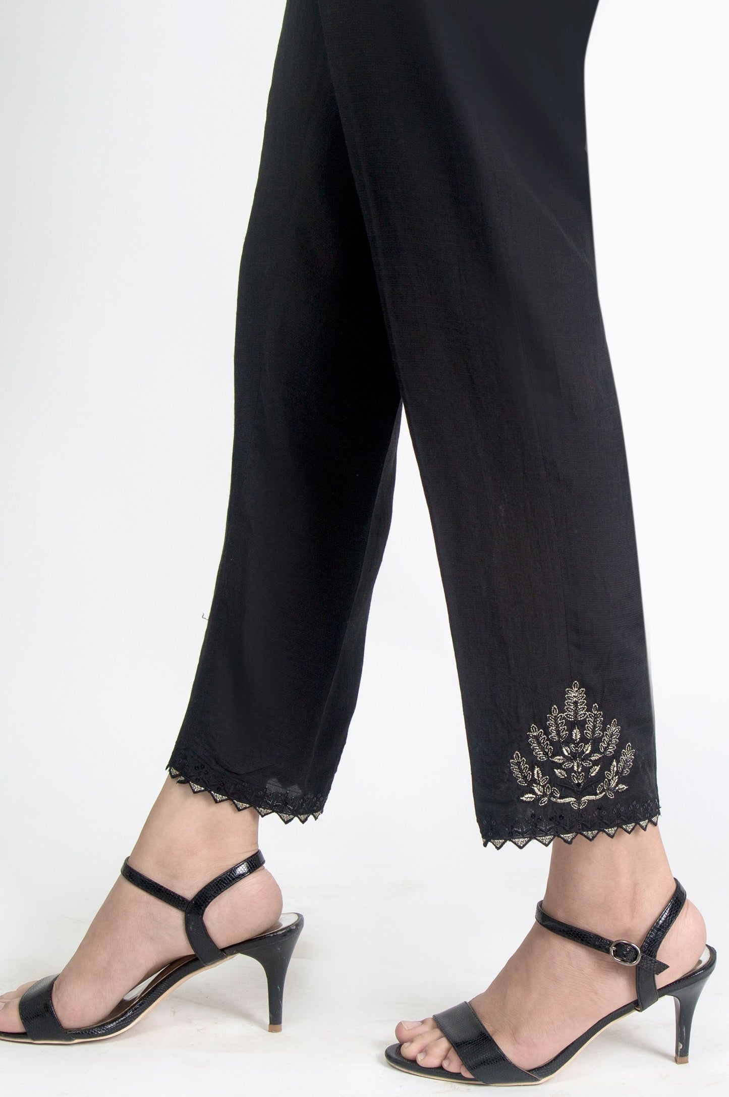 Embroidered Raw Silk Pants - Black