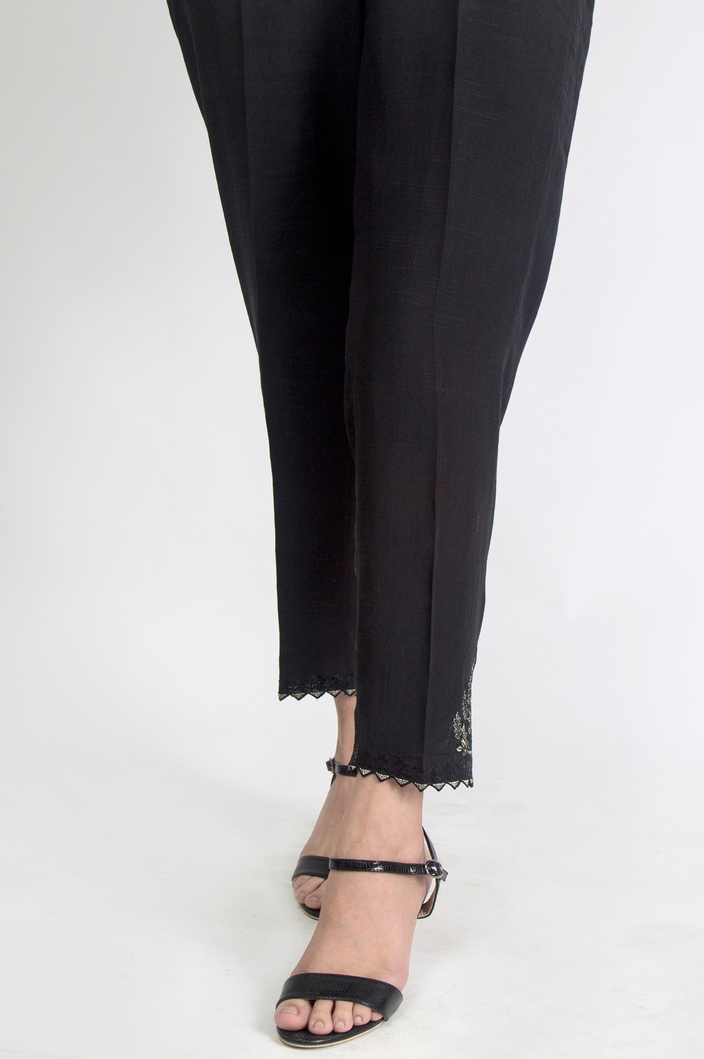 Embroidered Raw Silk Pants - Black