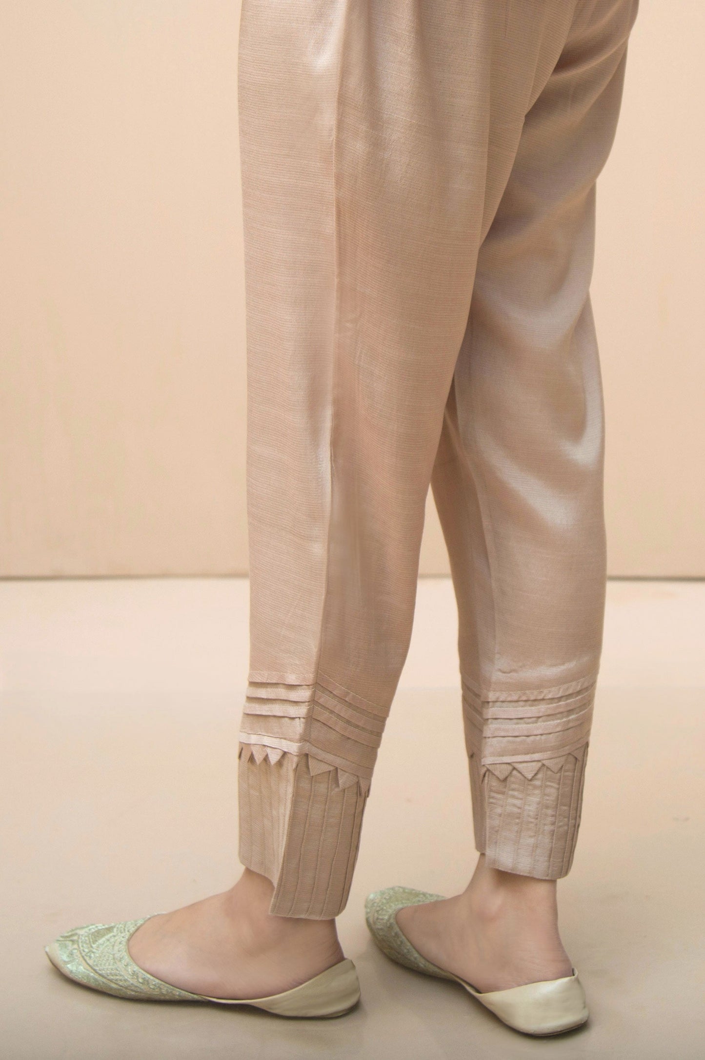 Embellished Raw Silk Cigarette Pants  - Beige