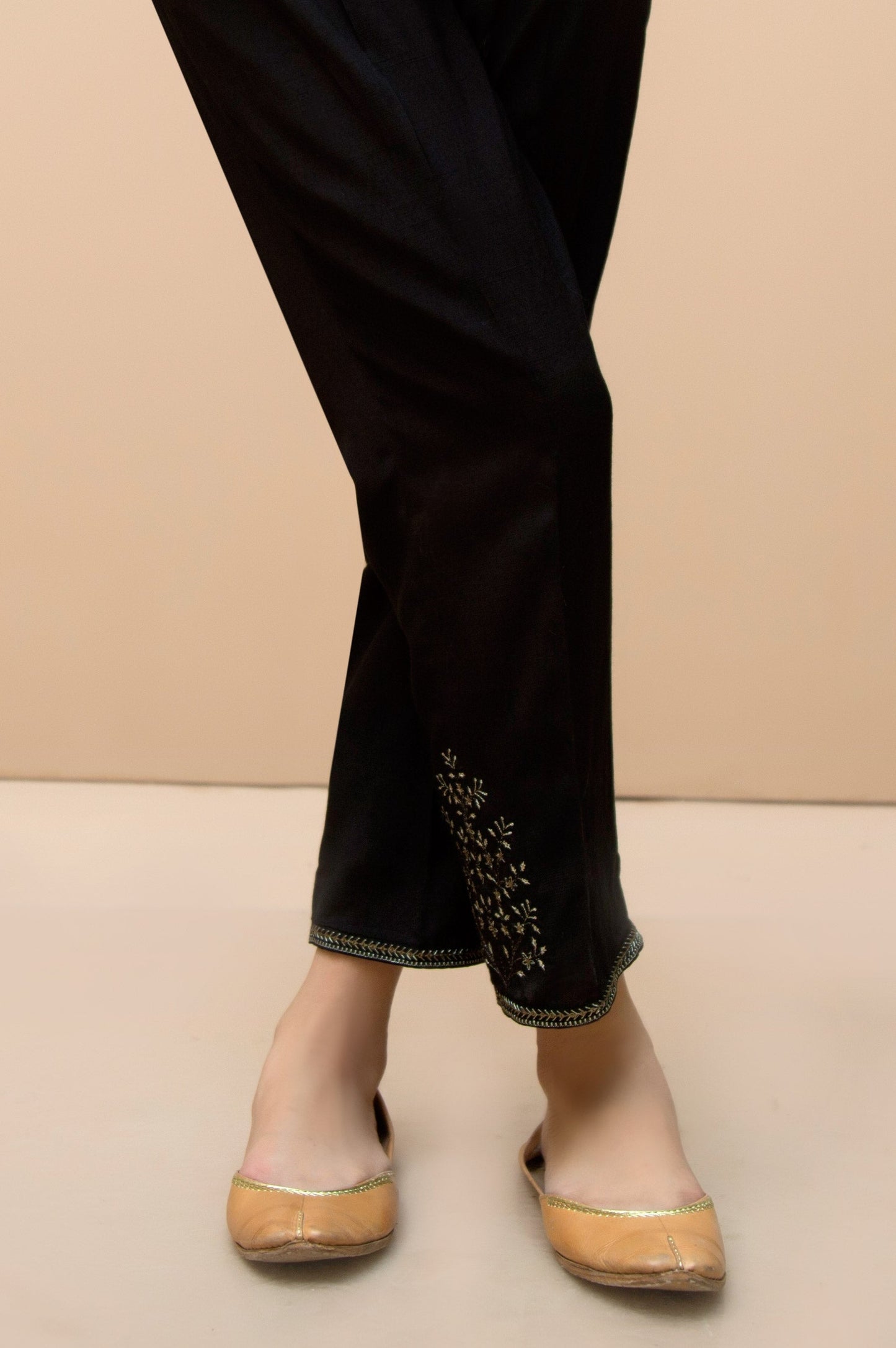 Embroidered Raw Silk Cigarette Pants  - Black