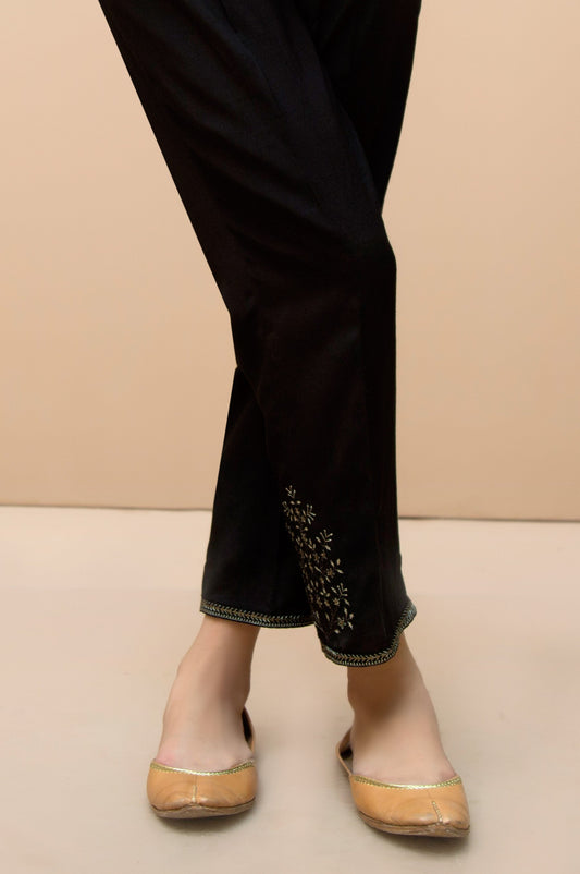 Embroidered Raw Silk Cigarette Pants  - Black