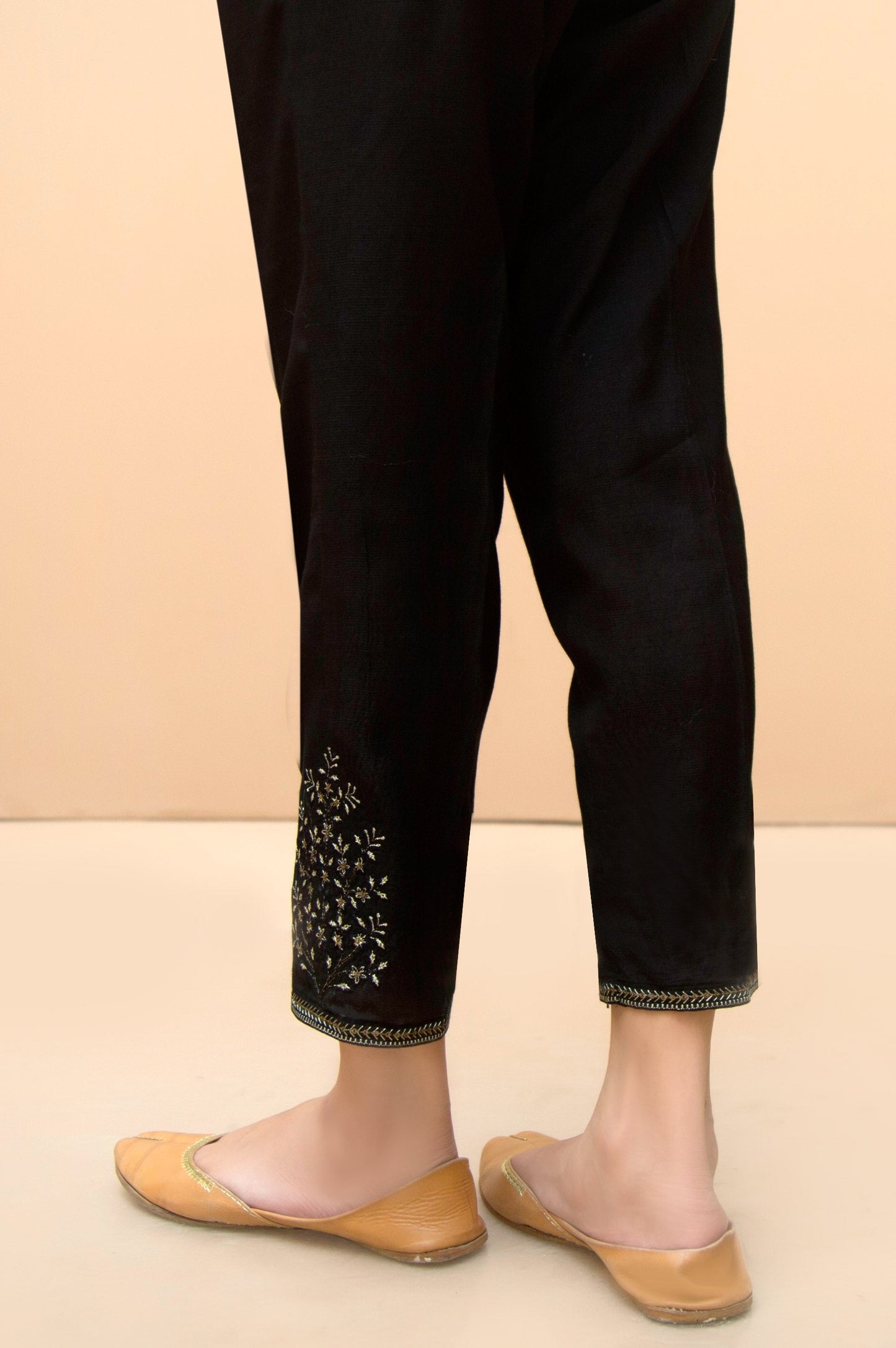 Embroidered Raw Silk Cigarette Pants  - Black
