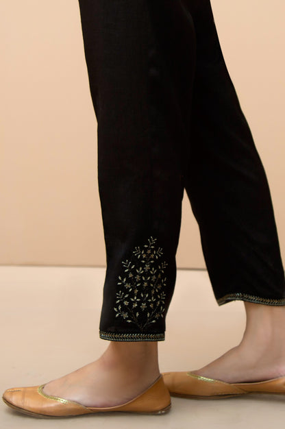 Embroidered Raw Silk Cigarette Pants  - Black