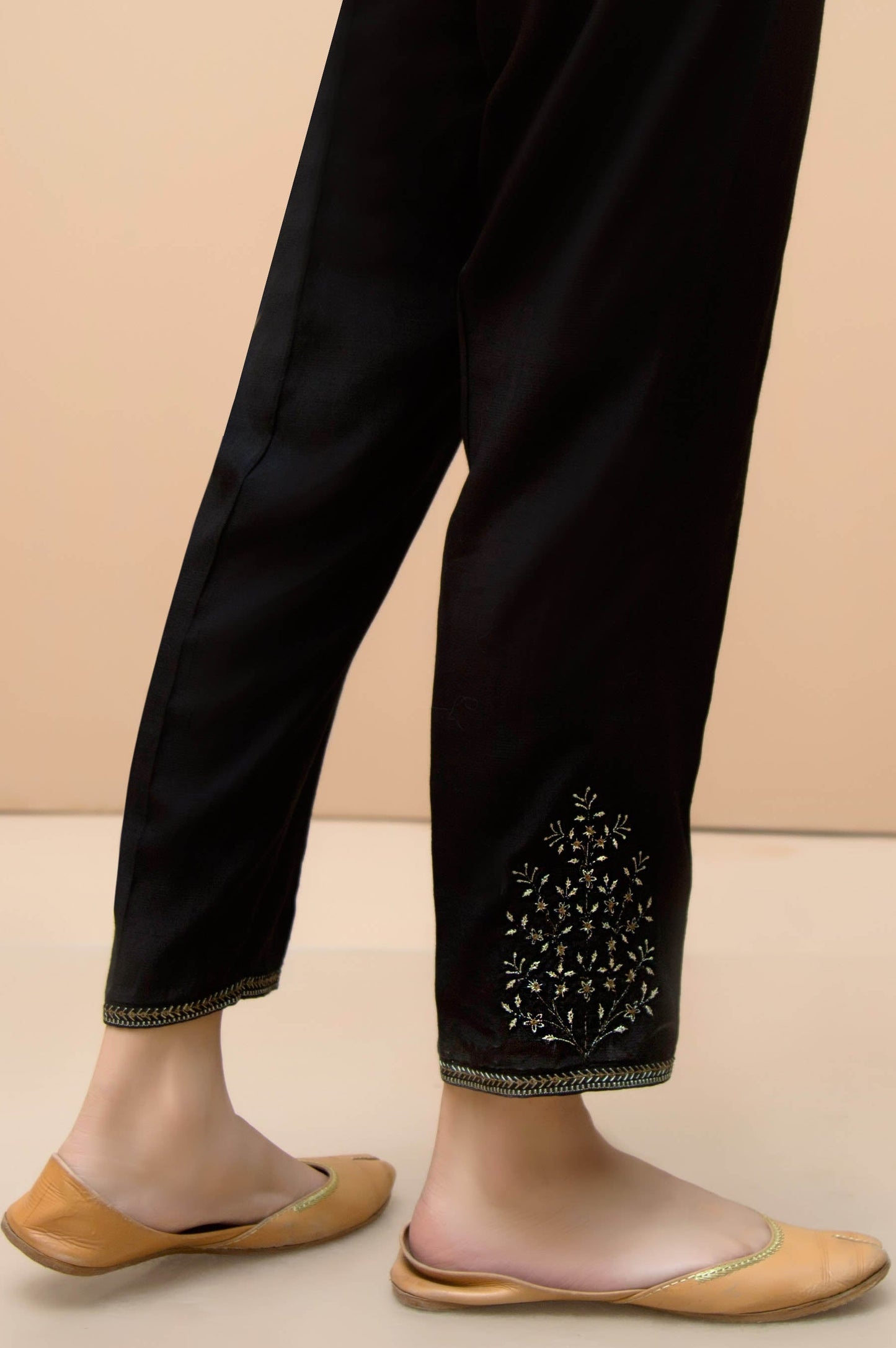 Embroidered Raw Silk Cigarette Pants  - Black