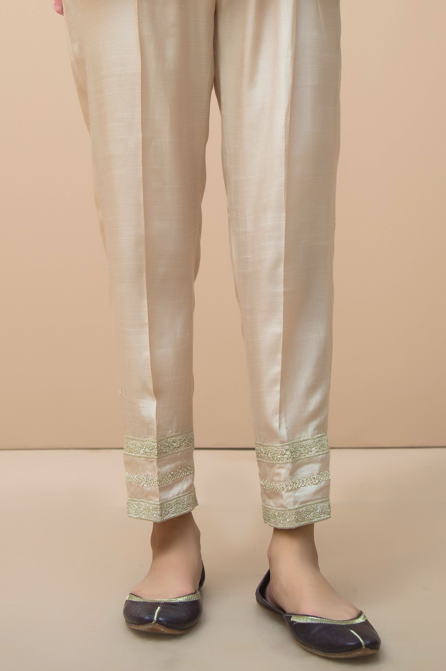 Embroidered Raw Silk Cigarette Pants  - Beige