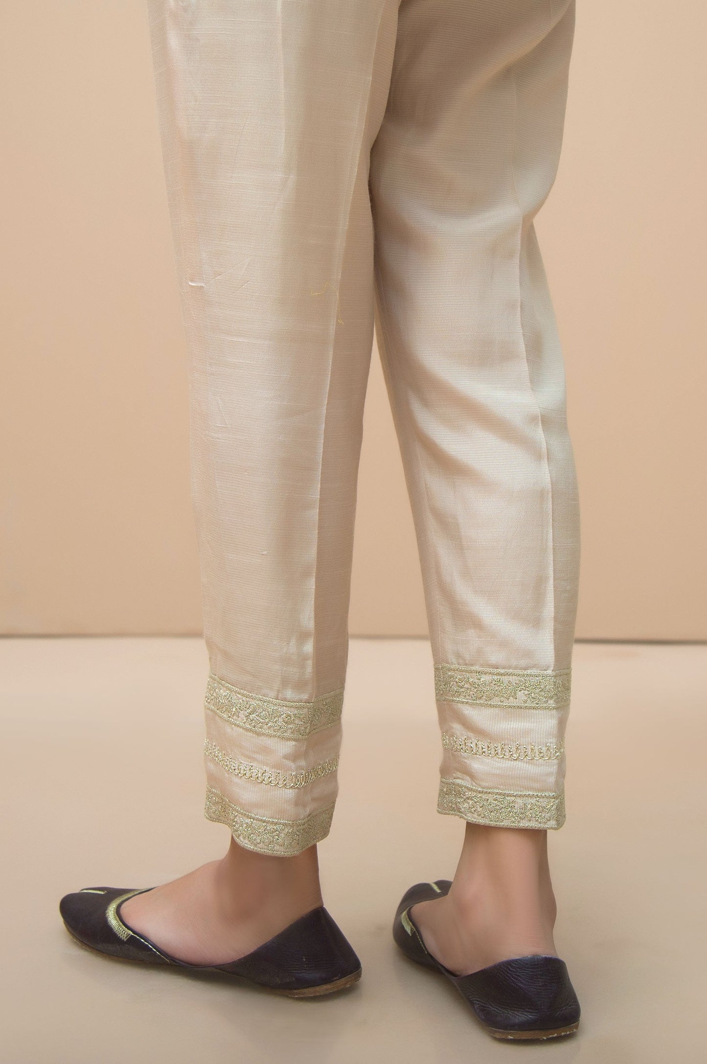 Embroidered Raw Silk Cigarette Pants  - Beige