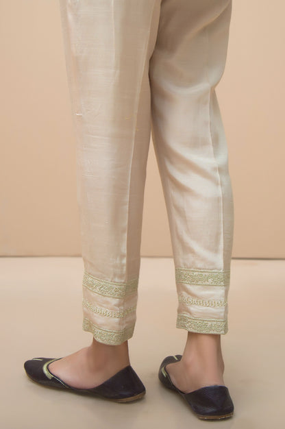 Embroidered Raw Silk Cigarette Pants  - Beige