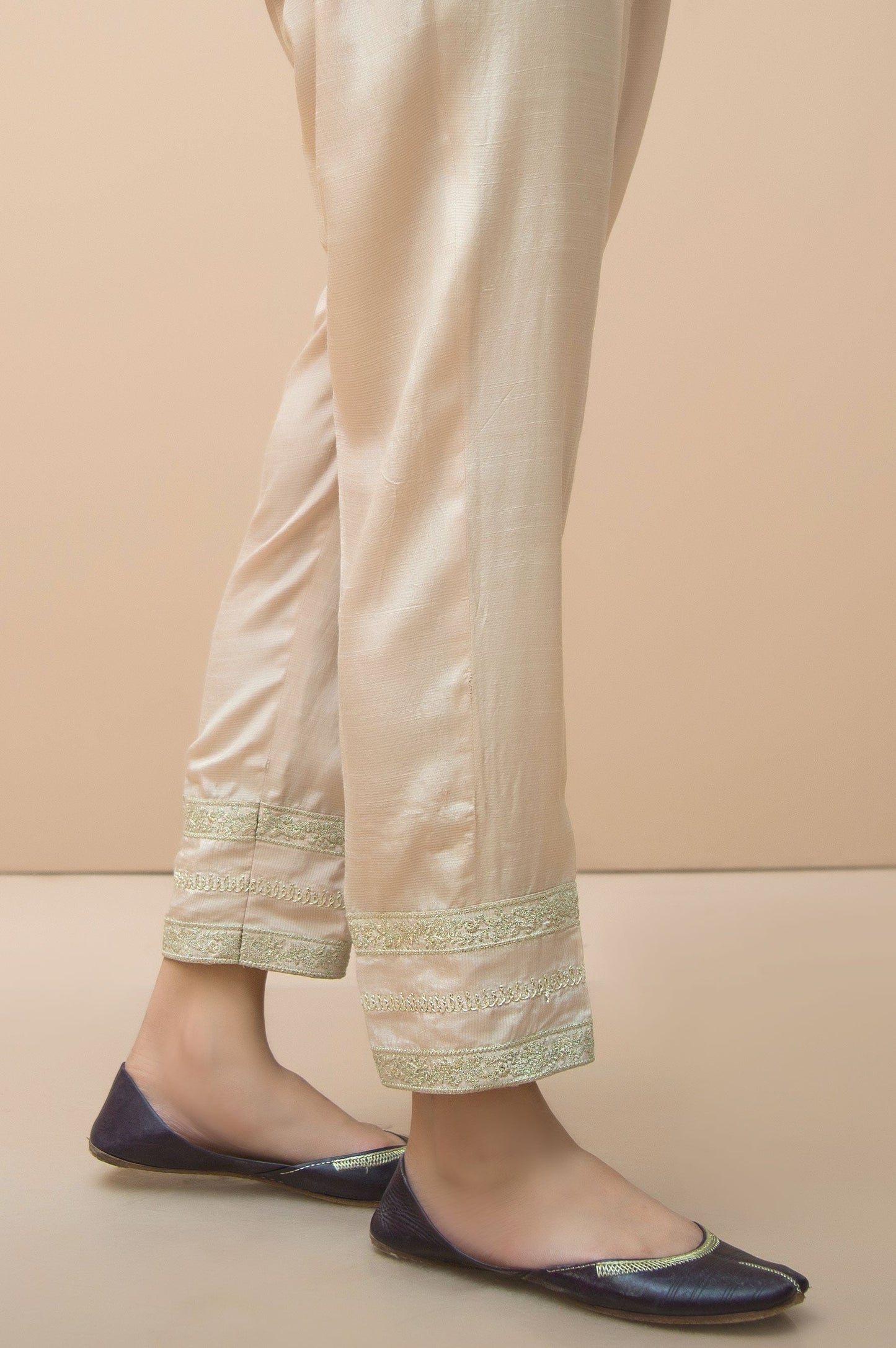 Embroidered Raw Silk Cigarette Pants  - Beige