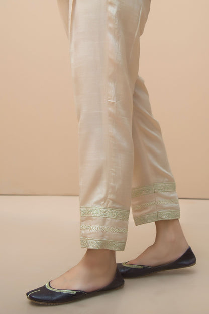 Embroidered Raw Silk Cigarette Pants  - Beige