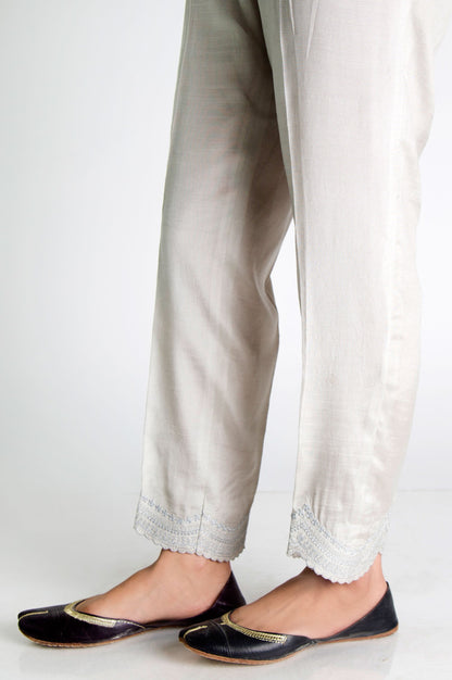 Embroidered Rawsilk Pants  - Silver Grey
