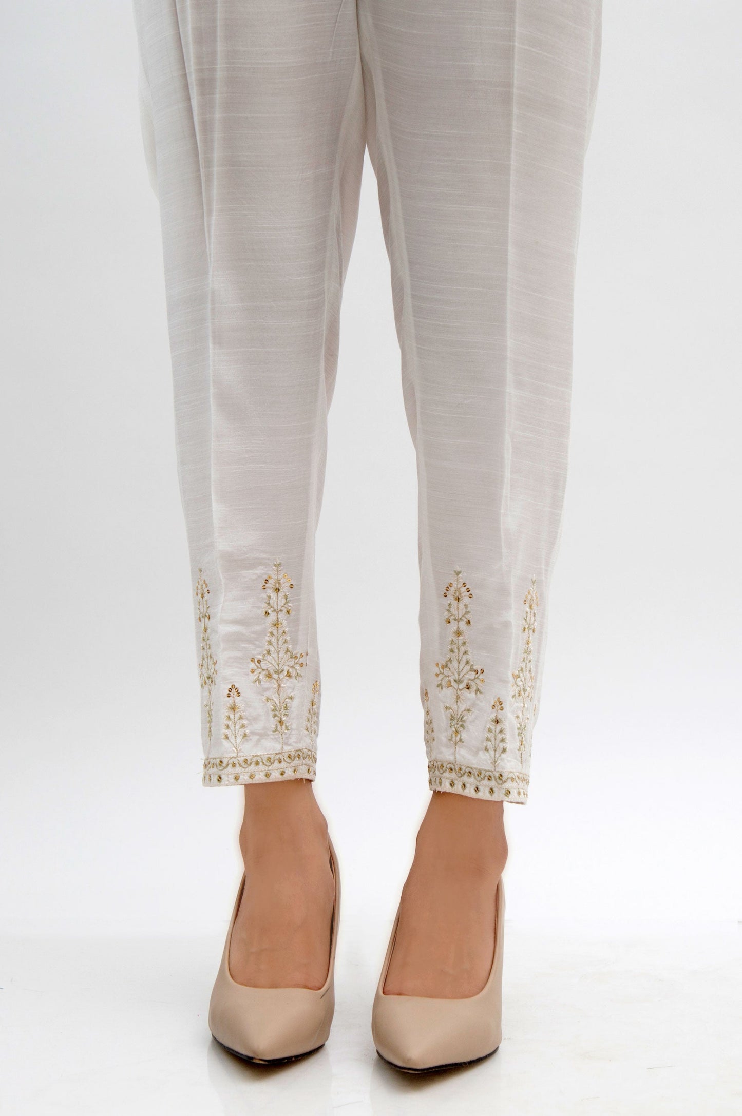 Embroidered Raw Silk Cigarette Pants  - White