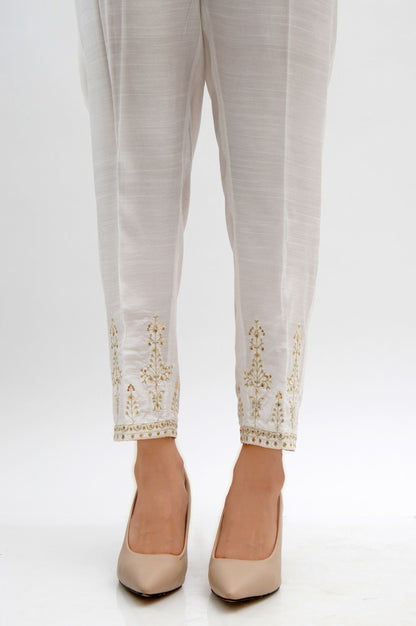 Embroidered Raw Silk Cigarette Pants  - White