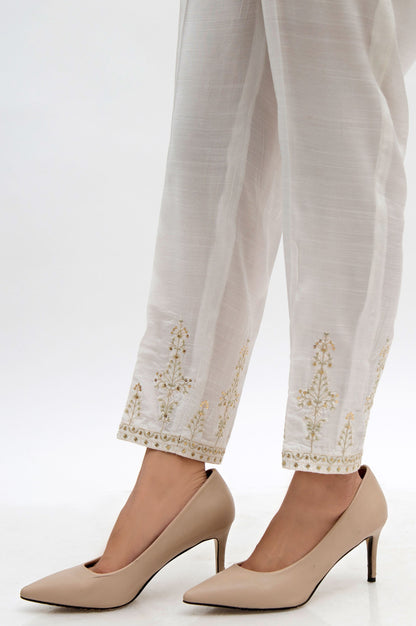 Embroidered Raw Silk Cigarette Pants  - White