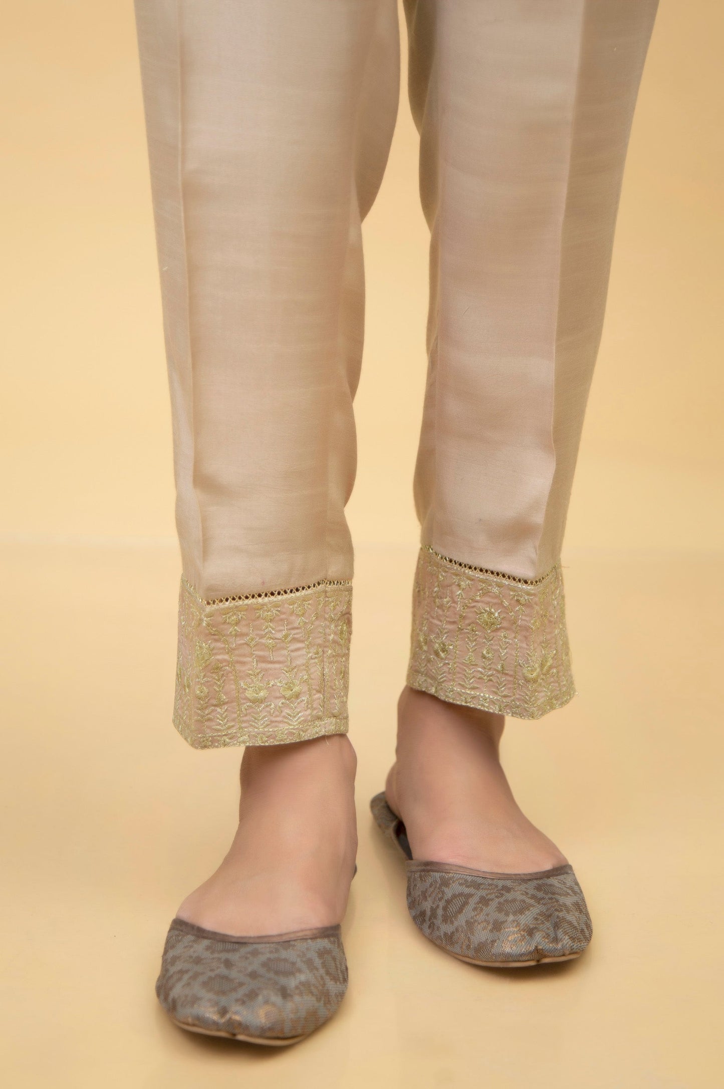 Embroidered Rawsilk Cigarette Pants - Gold