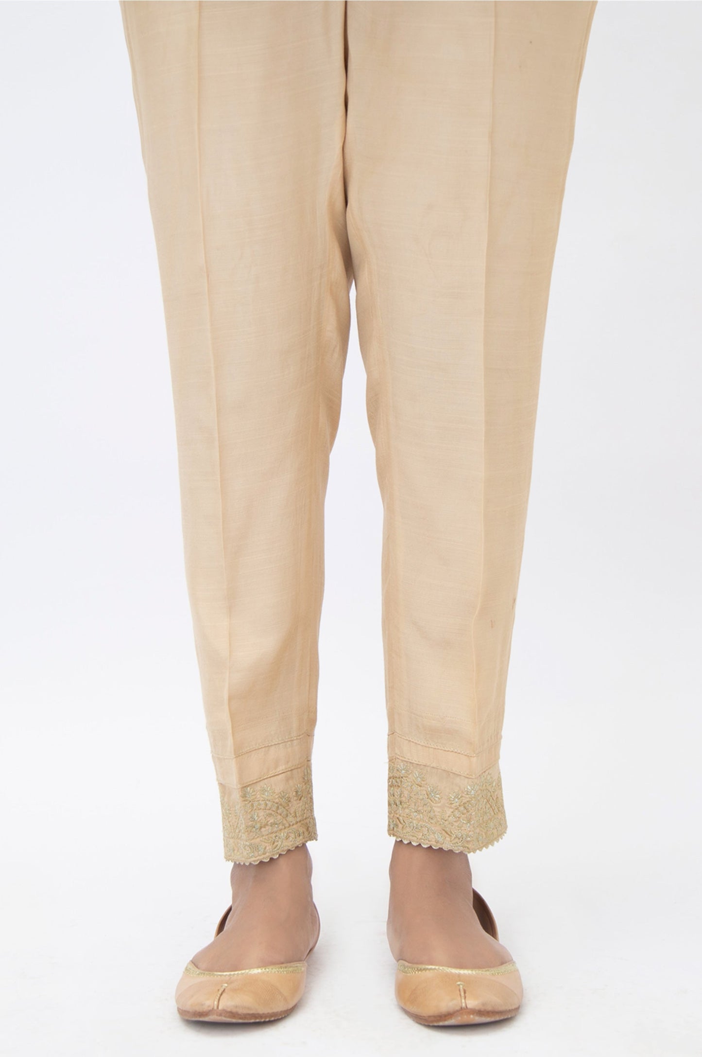 Embroidered Raw Silk Cigarette Pants - Gold