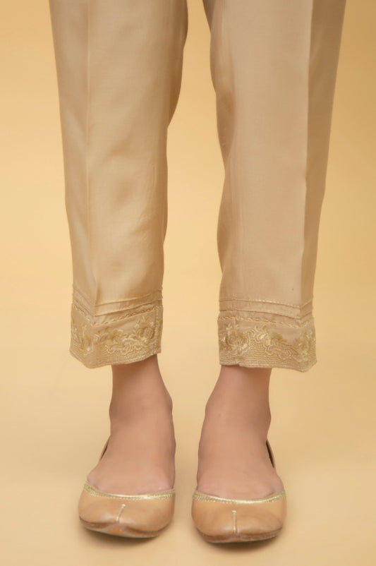 Embroidered Rawsilk Cigarette Pants - Gold