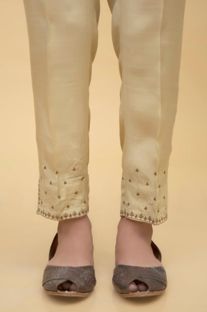 Embroidered Rawsilk Cigarette Pants - Gold