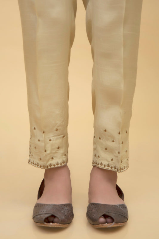 Embroidered Rawsilk Cigarette Pants - Gold