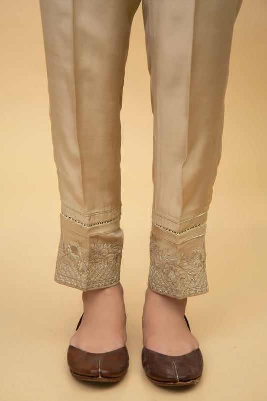 Embroidered Rawsilk Cigarette Pants - Gold