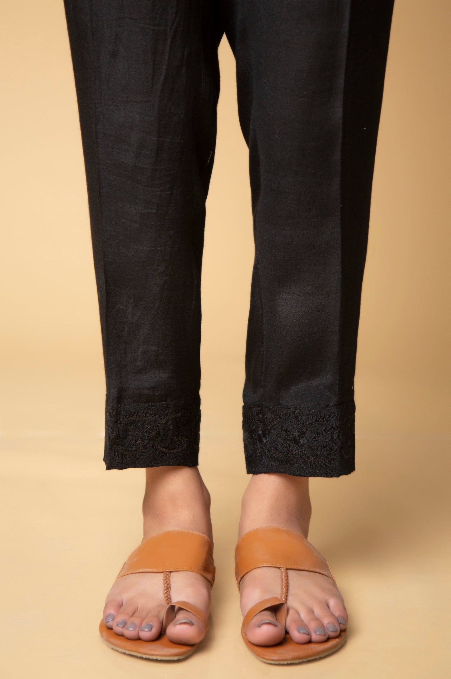 Embroidered Rawsilk Cigarette Pants - Black