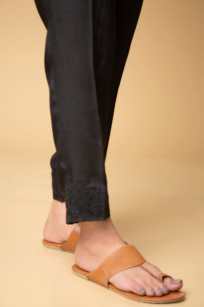 Embroidered Rawsilk Cigarette Pants - Black