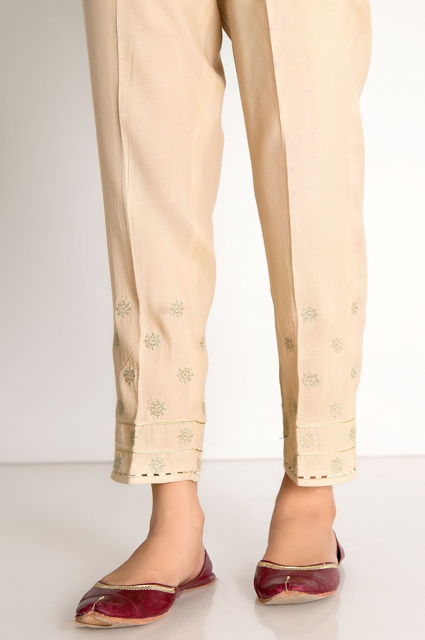 Embroidered Raw Silk Cigarette Pants  - Beige