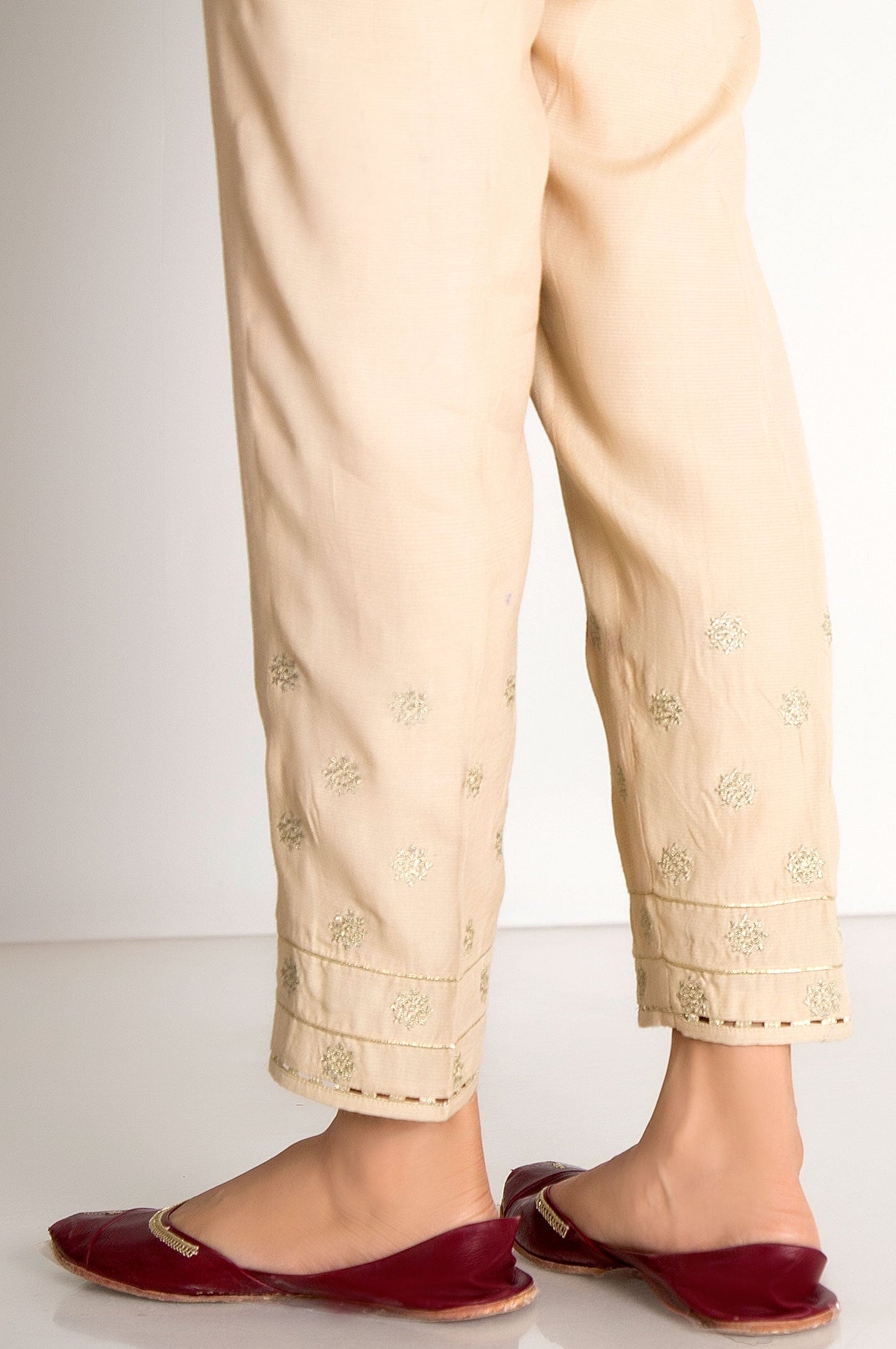 Embroidered Raw Silk Cigarette Pants  - Beige